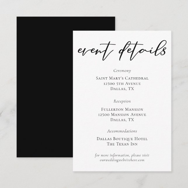 Simple Black Typography Wedding Event Details Enclosure Card (Front/Back)