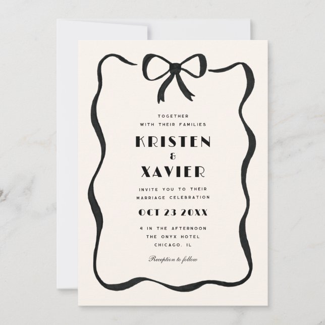 Simple Black Wavy Border Bow Wedding Invitation (Front)