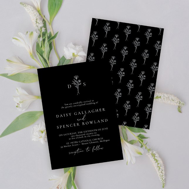Simple Black Wedding Invitation with Floral Design (Creator Uploaded)