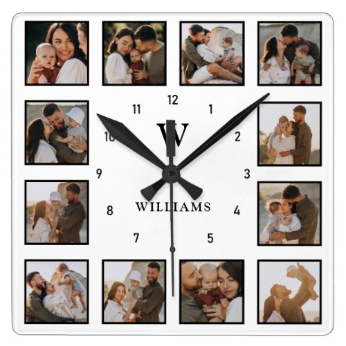 Simple Black &amp; White 12-Photo Collage Initial Name Square Wall Clock