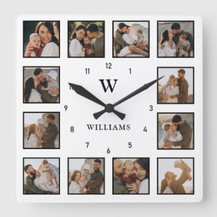 Simple Black & White 12-Photo Collage Initial Name Square Wall Clock