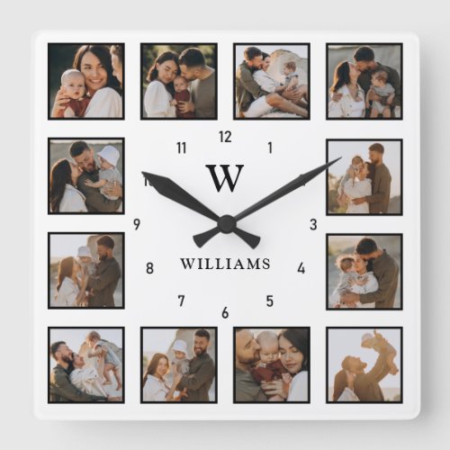 Simple Black  White 12_Photo Collage Initial Name Square Wall Clock