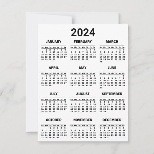 Simple Black  White 2024 Year At Glance Calendar Card