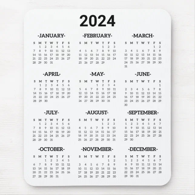 Simple Black & White 2024 Year At Glance Calendar Mouse Pad | Zazzle