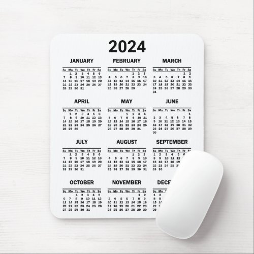 Simple Black  White 2024 Year At Glance Calendar Mouse Pad