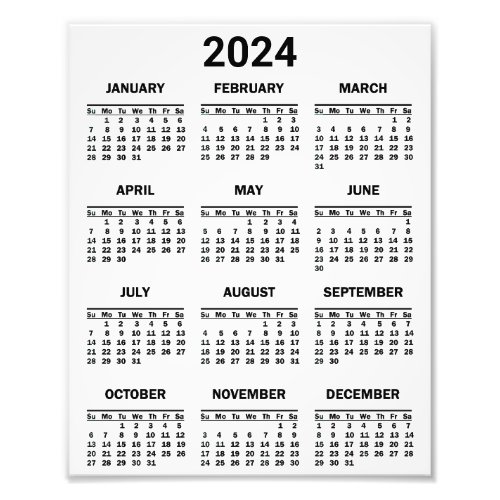 Simple Black  White 2024 Year At Glance Calendar Photo Print