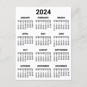 Simple Black & White 2024 Year At Glance Calendar Postcard