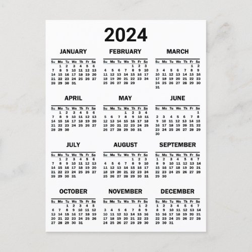 Simple Black  White 2024 Year At Glance Calendar Postcard