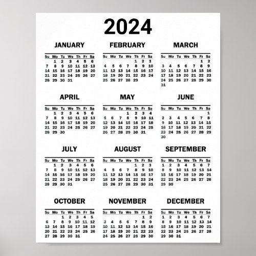 Simple Black  White 2024 Year At Glance Calendar Poster