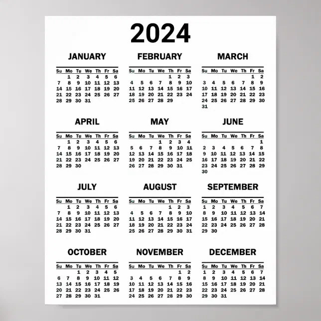 Simple Black & White 2024 Year At Glance Calendar Poster | Zazzle