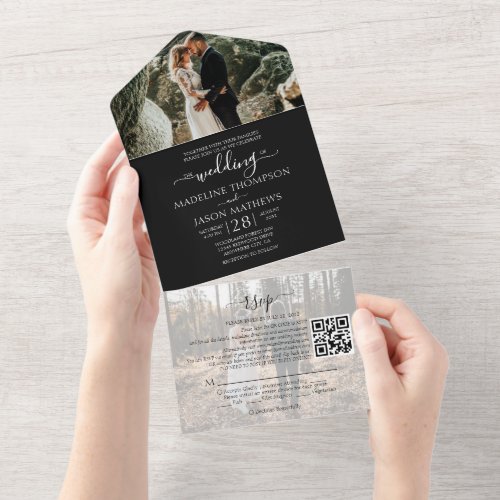 Simple Black White 2 Photo QR Code RSVP Wedding All In One Invitation