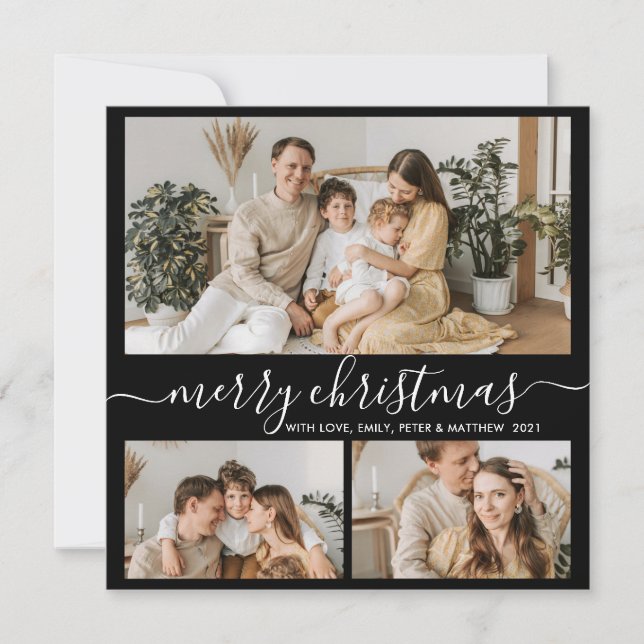 Simple Black White 3 Photo Collage Christmas Holid Holiday Card (Front)