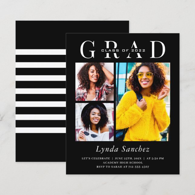 Simple Black White 3 Photo Graduation Invitations (Front/Back)