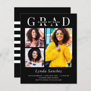 Simple Black White 3 Photo Graduation Invitations
