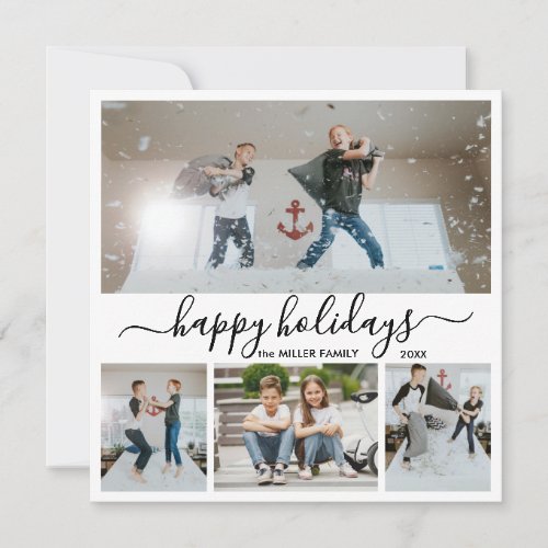 Simple Black White 4 Photo Collage Happy Holiday Card