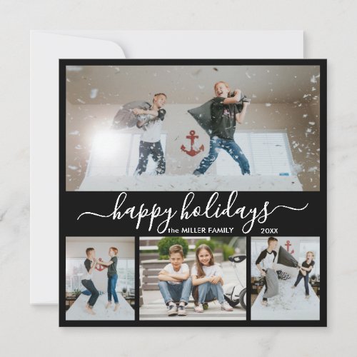 Simple Black White 4 Photo Collage Happy Holiday Card