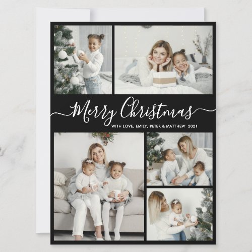 Simple Black White 5 Photo Collage Christmas Holiday Card