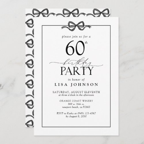 Simple Black  White 60th Birthday Party Bow Invitation