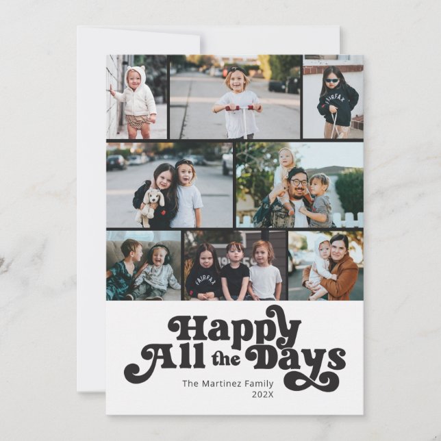 Simple Black White 8 Photo Holiday Card (Front)