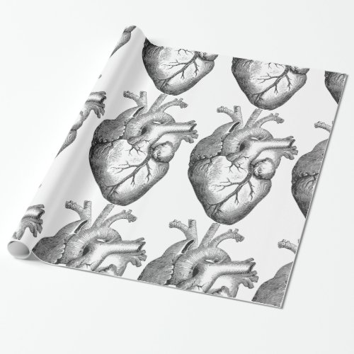 Simple Black White Anatomy Heart Illustration Wrapping Paper