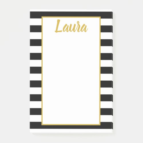 Simple Black White and Gold Script Border Stripes Post_it Notes