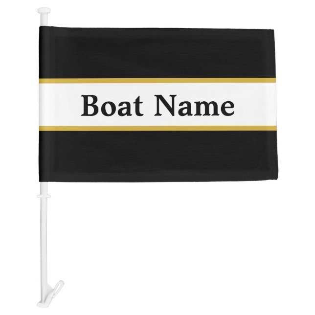 Simple Black White and Gold with Boat Name Car Flag (Front)