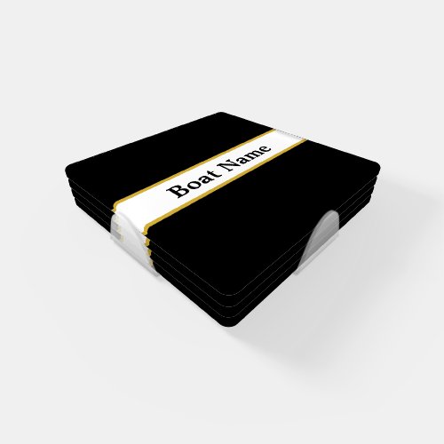 Simple Black White and Gold with Boat Name Coaster Set