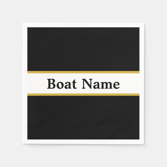 Simple Black White and Gold with Boat Name Napkins (Front)