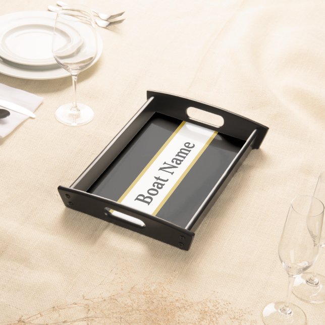 Simple Black White and Gold with Boat Name Serving Tray (Front)