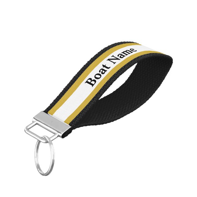 Simple Black White and Gold with Boat Name Wrist Keychain (Angled Down)