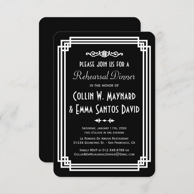 Simple Black & White Art Deco Rehearsal Dinner Invitation (Front/Back)