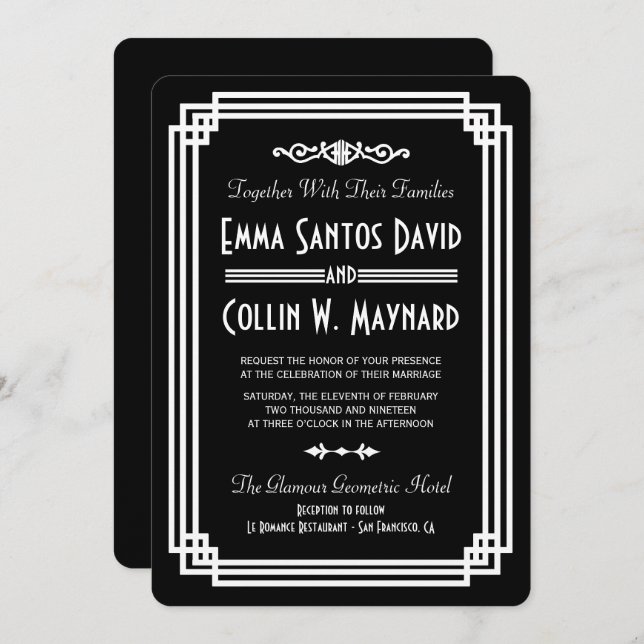 Simple Black & White Art Deco Wedding Invitations (Front/Back)