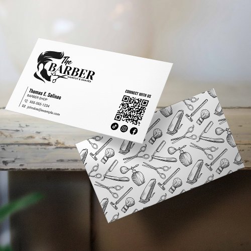 Simple Black White Barber Shop HairStylist QR Code Business Card