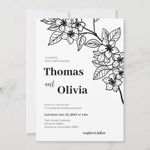 Simple Black  White Botanical Line Art Invitation