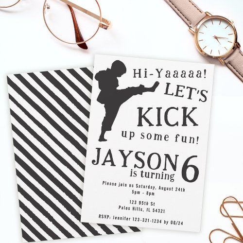 Simple black white boy karate birthday Invitation