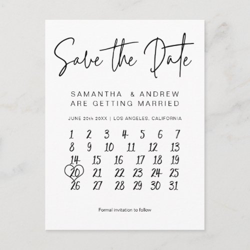 Simple black white calendar save the date announcement postcard