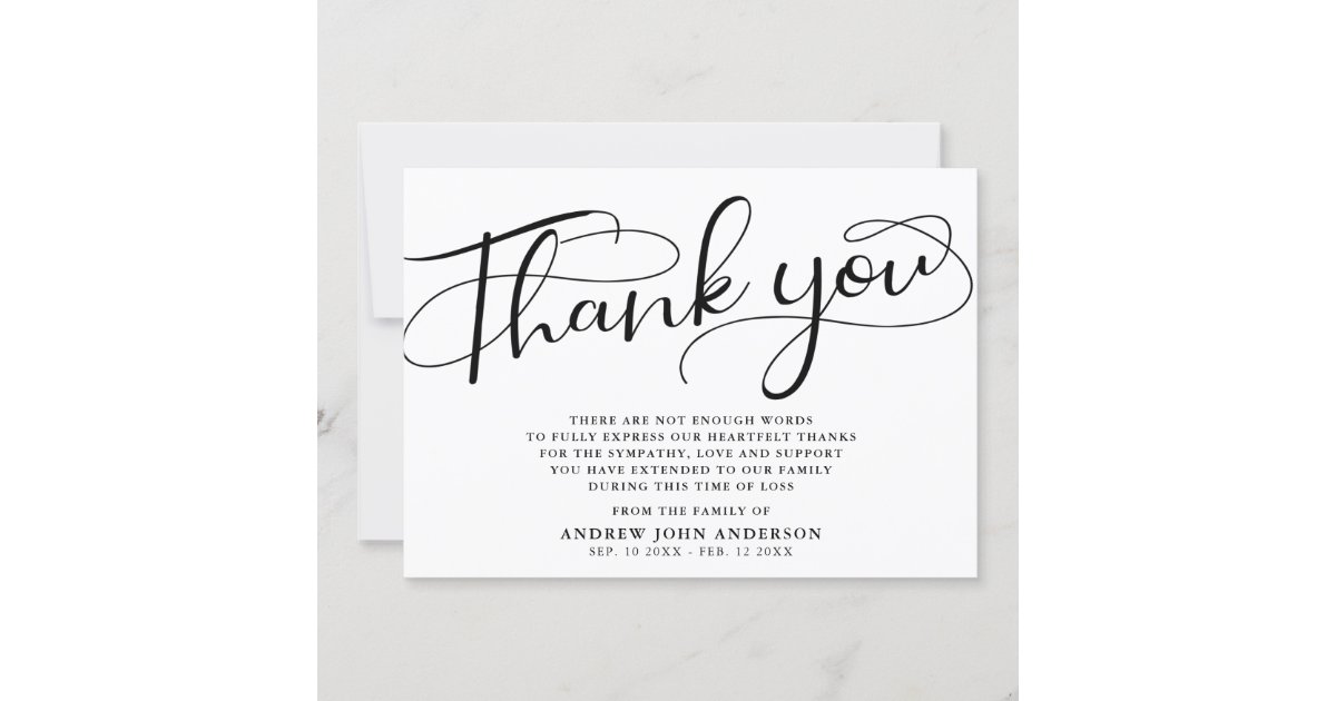 Simple Black & White Calligraphy Funeral Thank You Card 