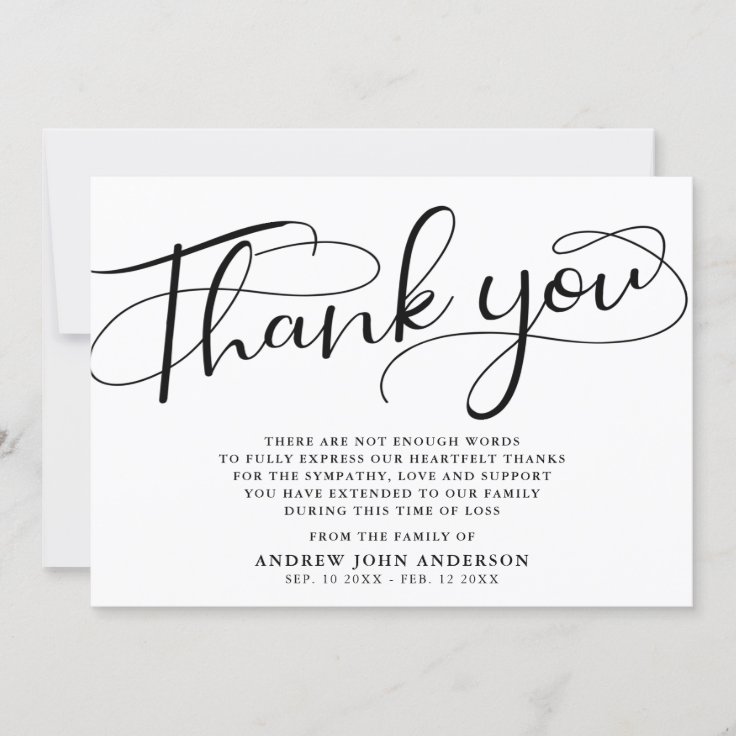 Simple Black & White Calligraphy Funeral Thank You Card | Zazzle