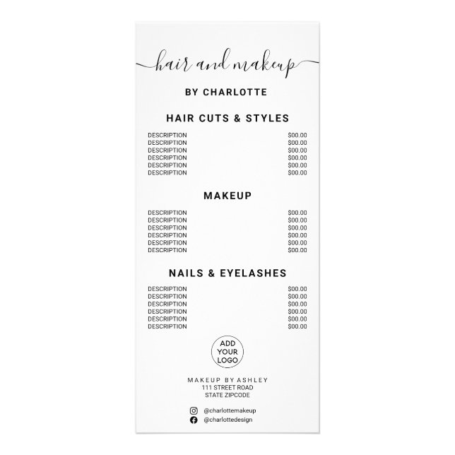 Simple black white calligraphy hair makeup salon rack card (Front)
