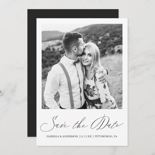 Simple Black White Calligraphy Photo Save The Date (Front/Back)