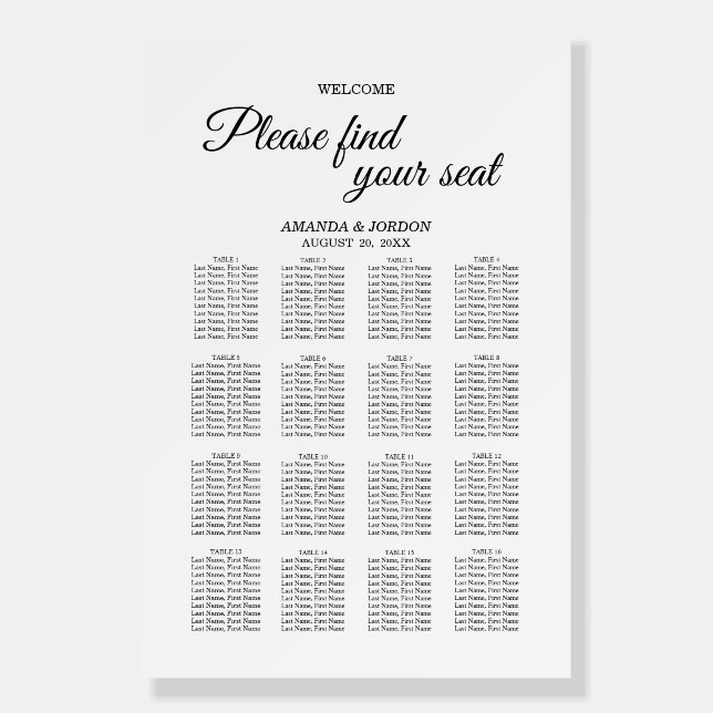 Simple Black White Calligraphy Seat Chart Welcome Foam Board (Front)