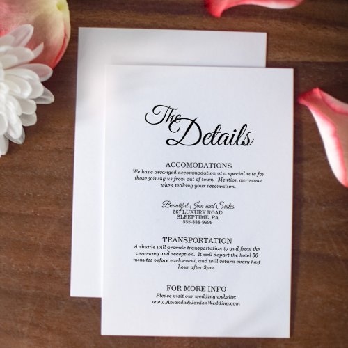 Simple Black White Calligraphy Wedding Details Enclosure Card