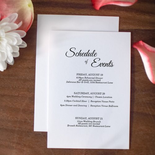 Simple Black White Calligraphy Wedding Schedule Enclosure Card