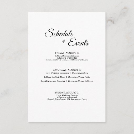 Simple Black White Calligraphy Wedding Schedule Enclosure Card | Zazzle