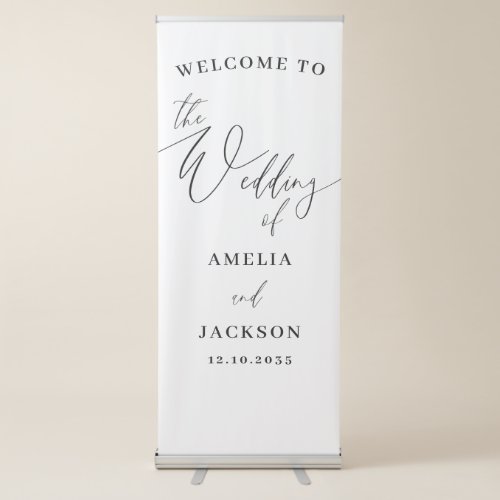 Simple Black  White Calligraphy Wedding Welcome Retractable Banner