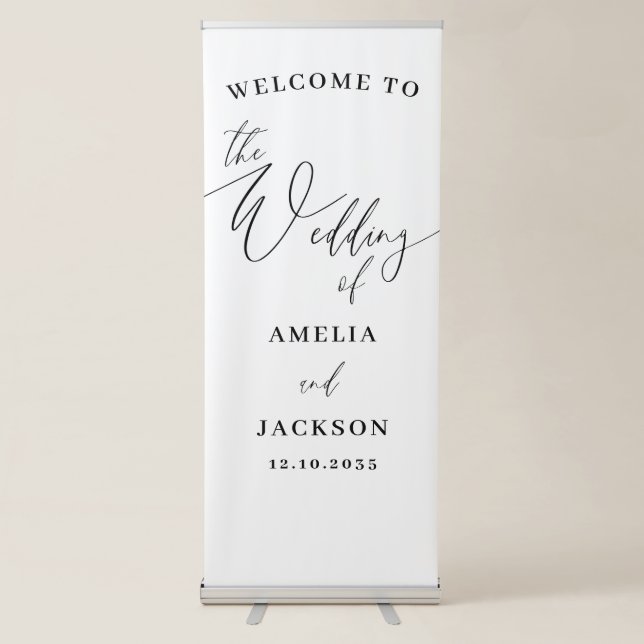 Simple Black & White Calligraphy Wedding Welcome Retractable Banner (Front)