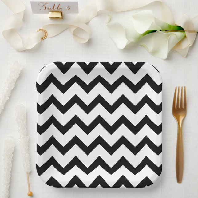 Simple black white chevron pattern lines retro paper plates (Wedding)