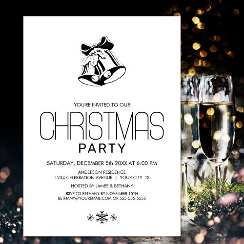 Simple Black White Christmas Bells Party Invitation