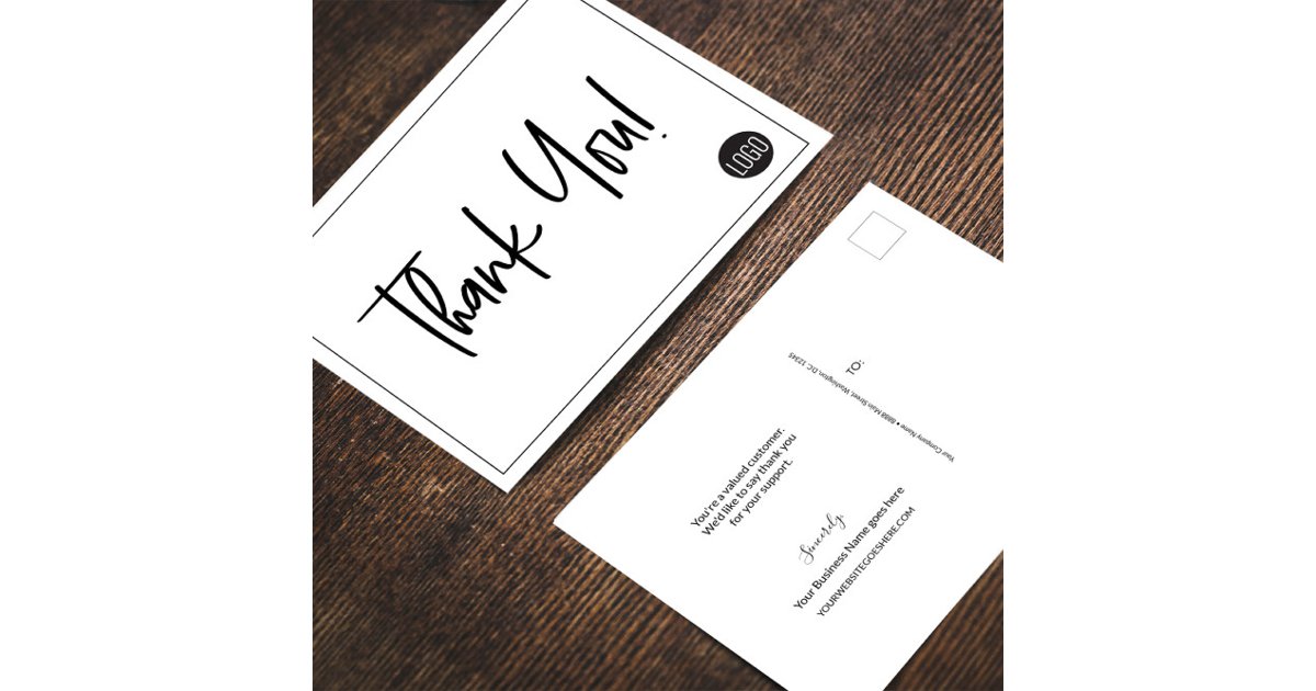 Simple Black White Company Logo Custom Thank You Postcard | Zazzle