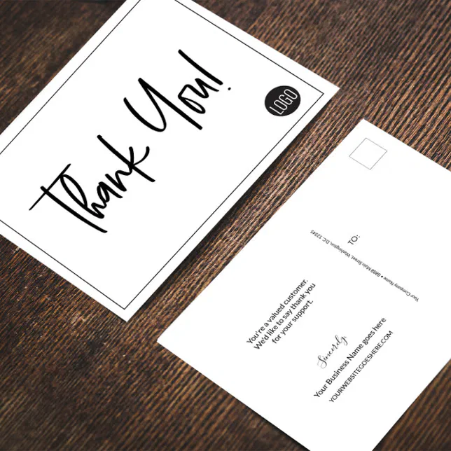Simple Black White Company Logo Custom Thank You Postcard | Zazzle
